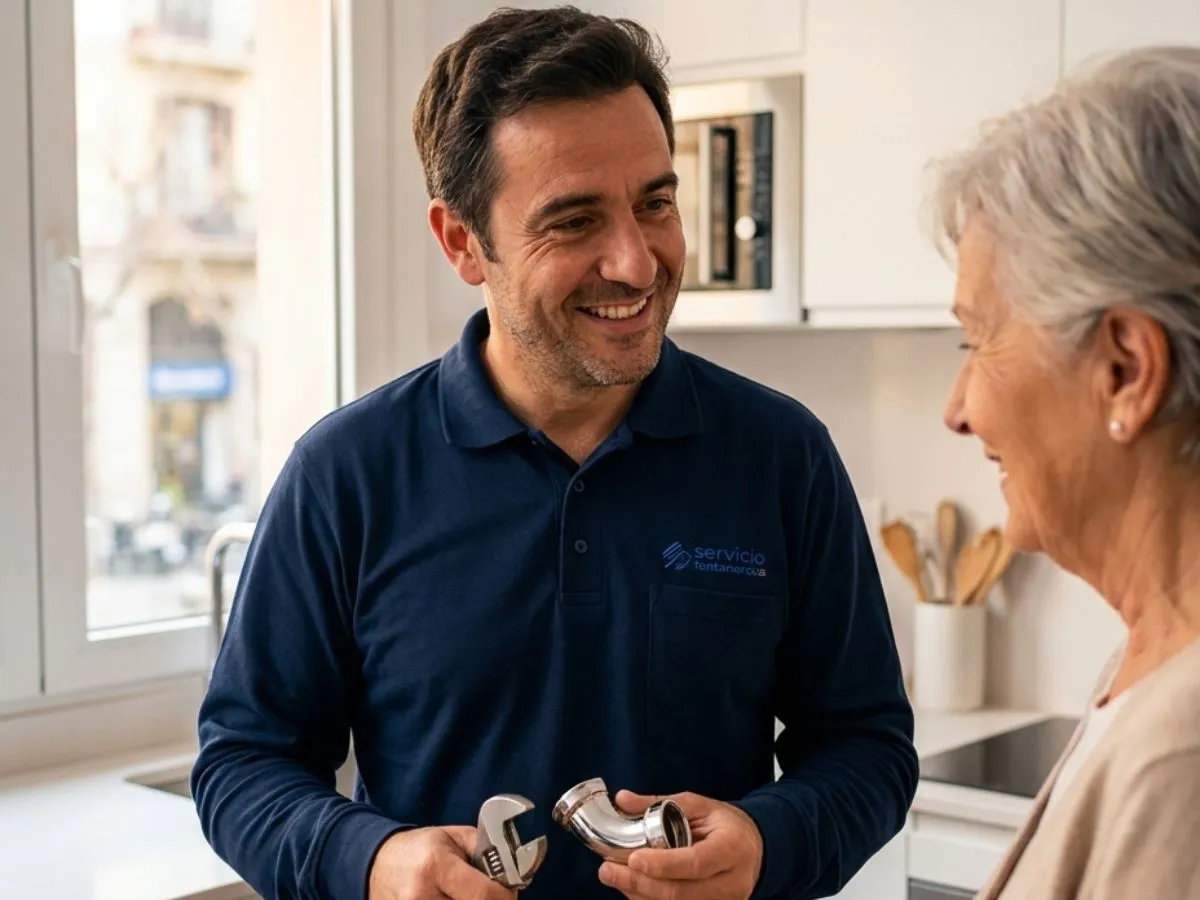Servicio Fontanero 24 | Home | Sección Sobre Nosotros | Profesional de fontaneros 24 horas en Barcelona y Cataluña, dando un servicios a una señora mayor con buena actitud y una sonrisa