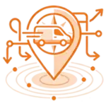 Servicio Fontanero 24 | Home | Sección CTA | Área de Cobertura | Icono de color naranja con un coche dentro de un marcador de posición y varias rutas.
