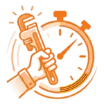 Servicio Fontanero 24 | Home | Sección CTA | Tiempo de respuesta | Icono de color naranja con una mano que sostiene una herramienta con un reloj de fondo.